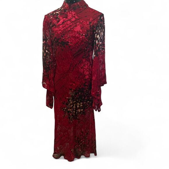 Simply Silk Red Floral Burnout Kimono Midi Dress Size S Sheer Y2K Fairy Grunge - Picture 1 of 8